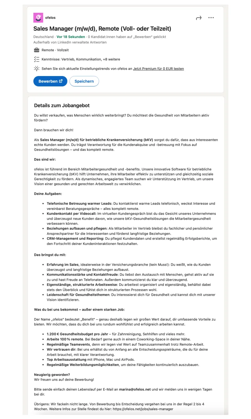 Screenshot einer optimierten Stellenanzeige von ofelos für einen Sales Manager (m/w/d).