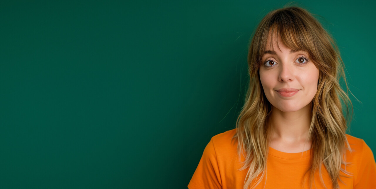 Eine Frau mit blonden Haaren und Pony trägt ein orangefarbenes T-Shirt und steht vor einem grünen Hintergrund.