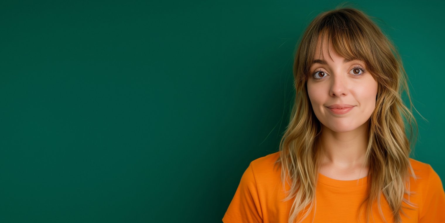 Eine Frau mit blonden Haaren und Pony trägt ein orangefarbenes T-Shirt und steht vor einem grünen Hintergrund.