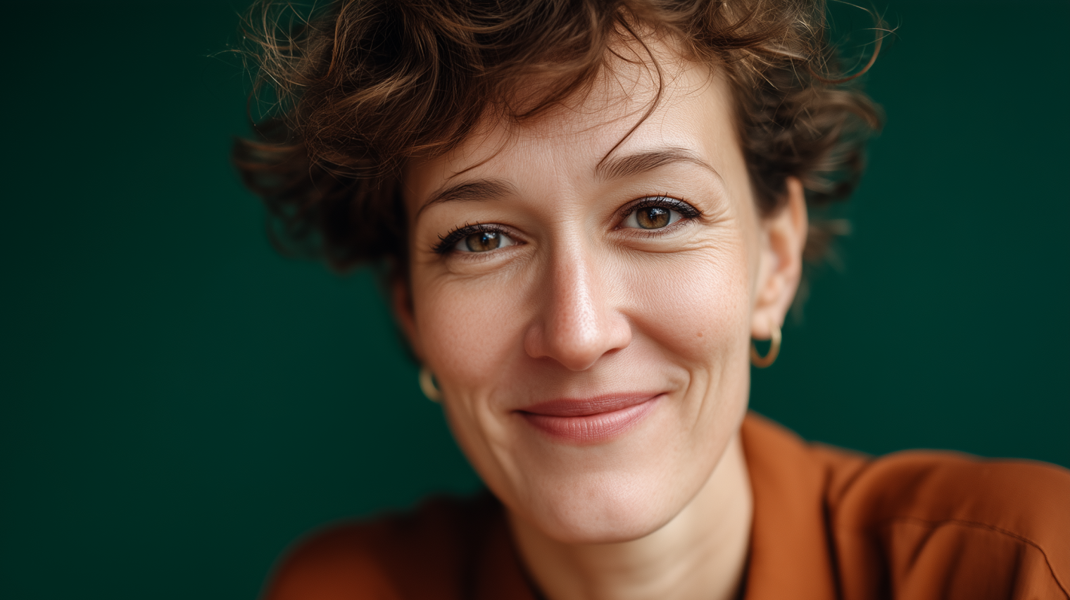 Selbstbewusste Arbeitgeberin mit Kurzhaarschnitt in rostbrauner Bluse, die mit ofelos bKV zur Top-Arbeitgebermarke wird.